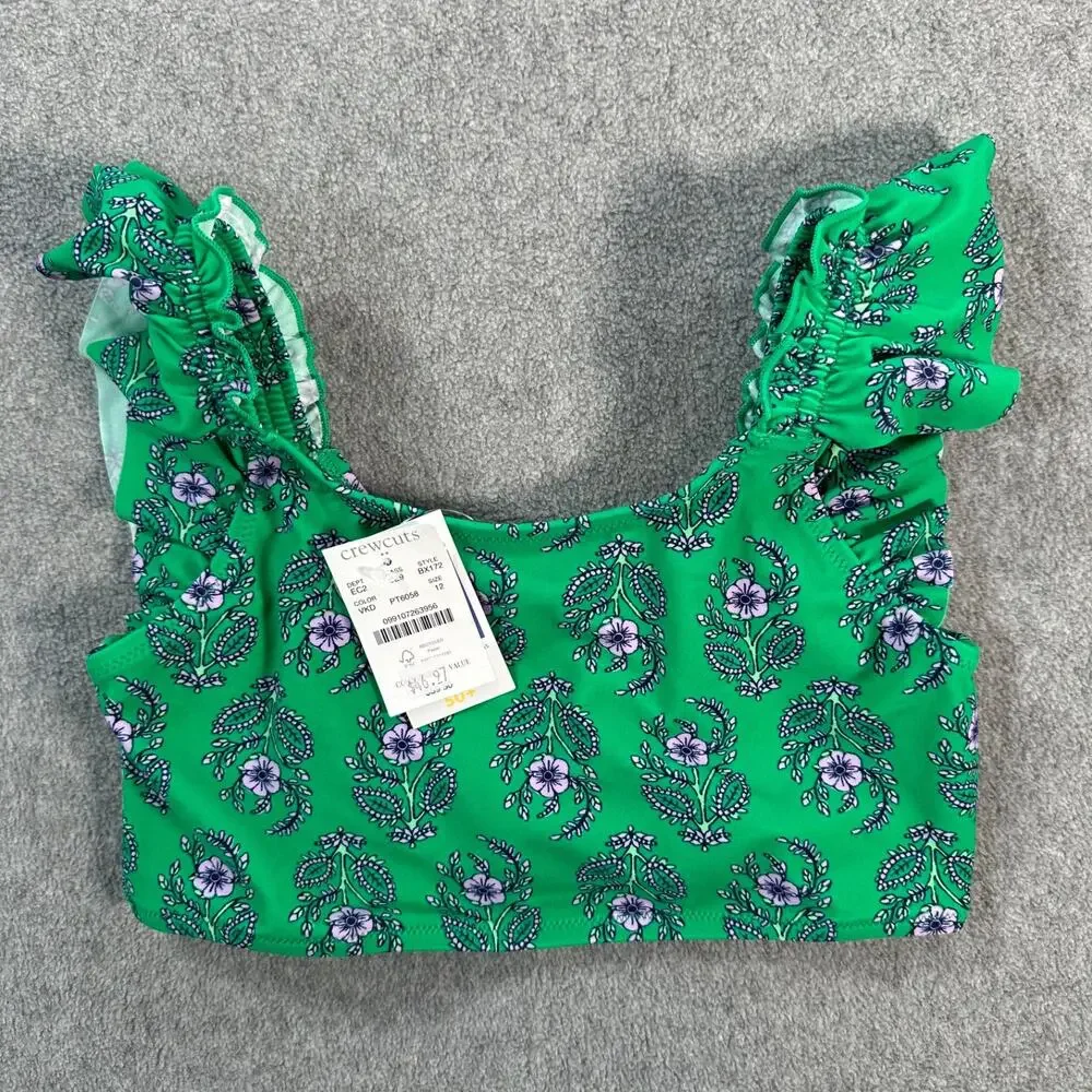 Crewcuts J.Crew Ruffle Strap Bikini Top Swimsuit Girls 12 New Green Floral BX172